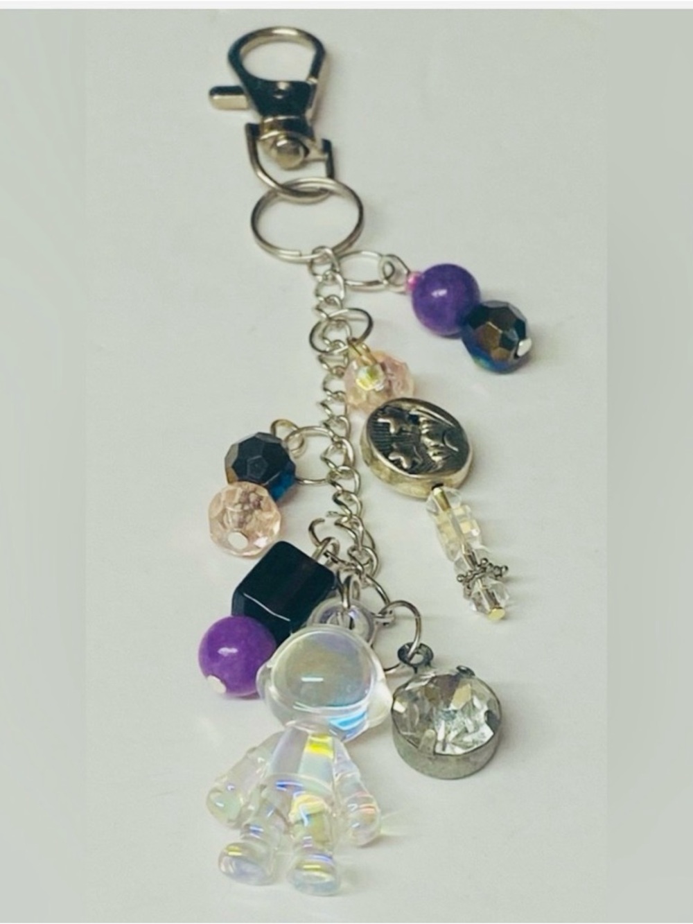 Astronaut Beaded Charm Keychain in Purple and Iridescent Handmade